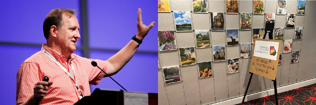 David Eady introduces the work of the Drawdown Georgia Business Compact. A colorful display provides conference information. Left photo courtesy of Mark E. Johnson / Georgia Climate Project. Right photo by Jennifer Lux.