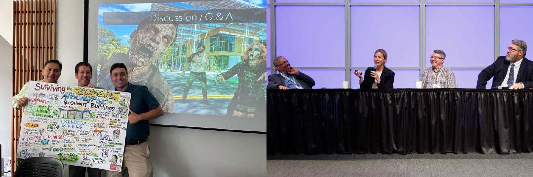 Shan Arora, Joshua Gassman, and Jimmy Mitchell shared how the Kendeda Building could help humans survive a zombie apocalypse. Arthur Frazier (Spelman College), Jennifer Chirico, Jaime Mitchem (UNC), and Jeff Benjamin (UGA) discuss campus sustainability. Left photo by Jennifer Lux. Right photo courtesy of Mark E. Johnson / Georgia Climate Project.