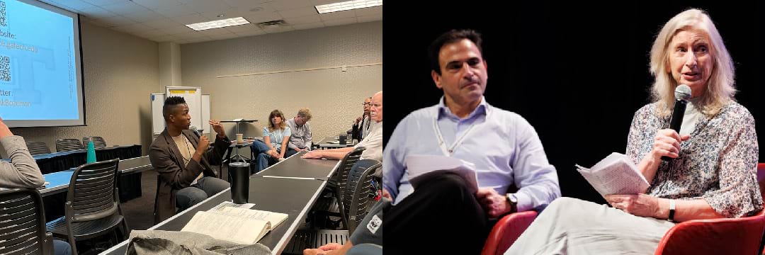 Joe Bozeman engages with attendees following his presentation on going meatless. Michael Oxman and Marilyn Brown discuss advancing equity in Drawdown Georgia solutions. Left photo by Jennifer Lux. Right photo courtesy of Mark E. Johnson / Georgia Climate Project.