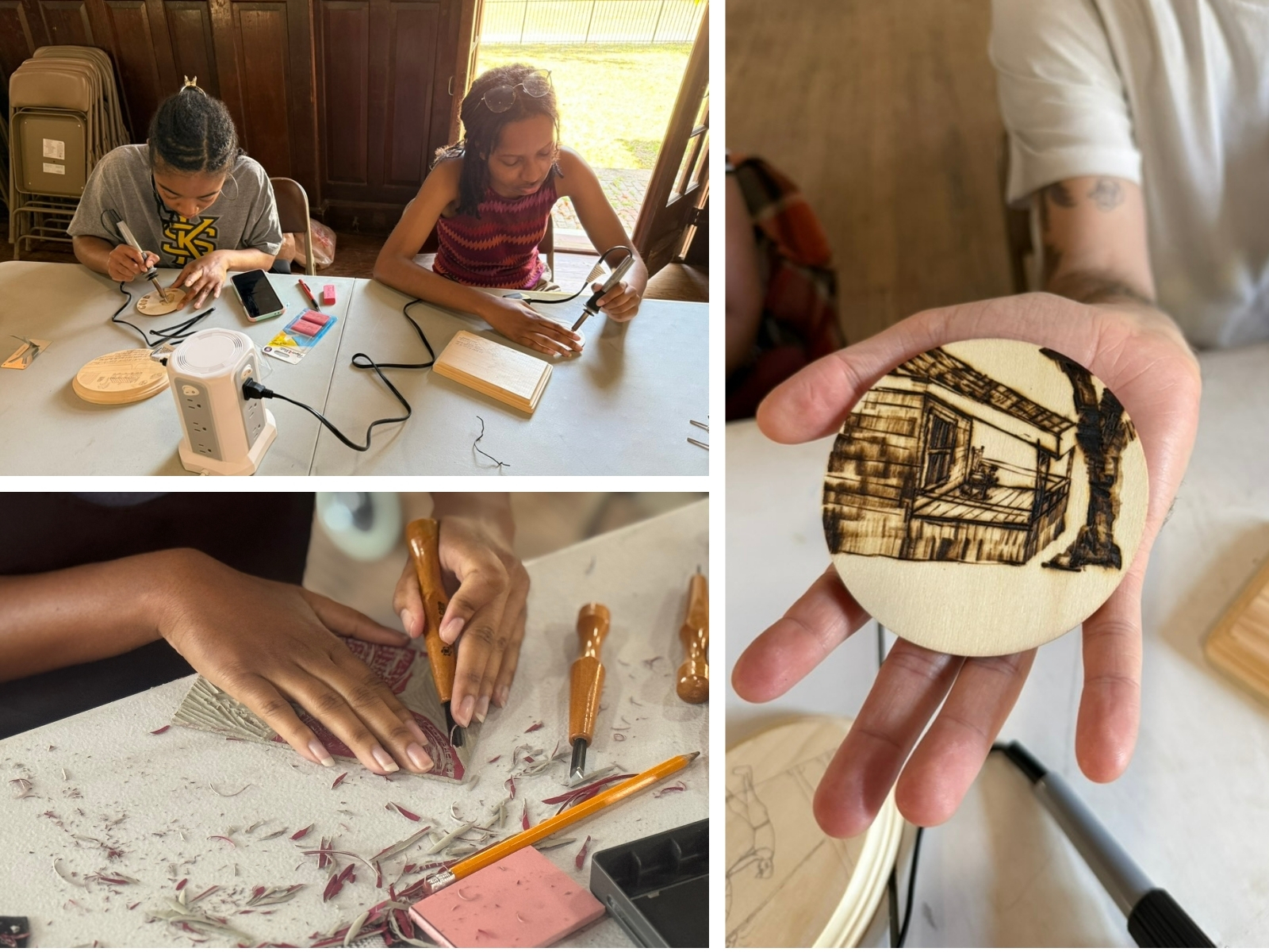 Printmaking and wood-burning workshops.