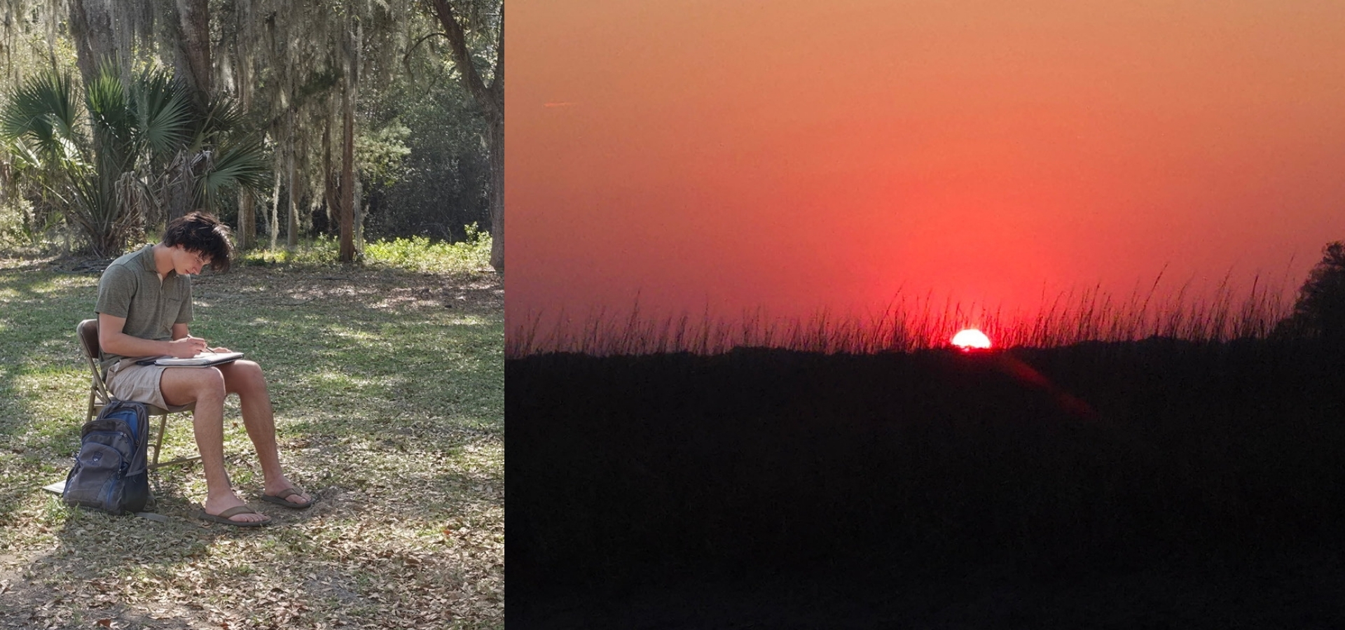 Lucas Nagel sketching and a South Carolina sunset