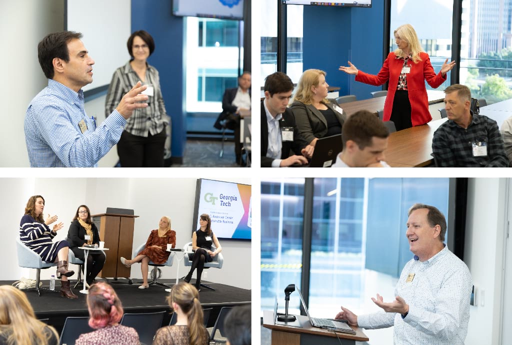 Compact members reported and activities and explored opportunities for collective action at a meeting on October 13, 2022. Clockwise from top left: Michael Oxman and Beril Toktay, Marilyn Brown, David Eady, and a panel on talent for net zero. 