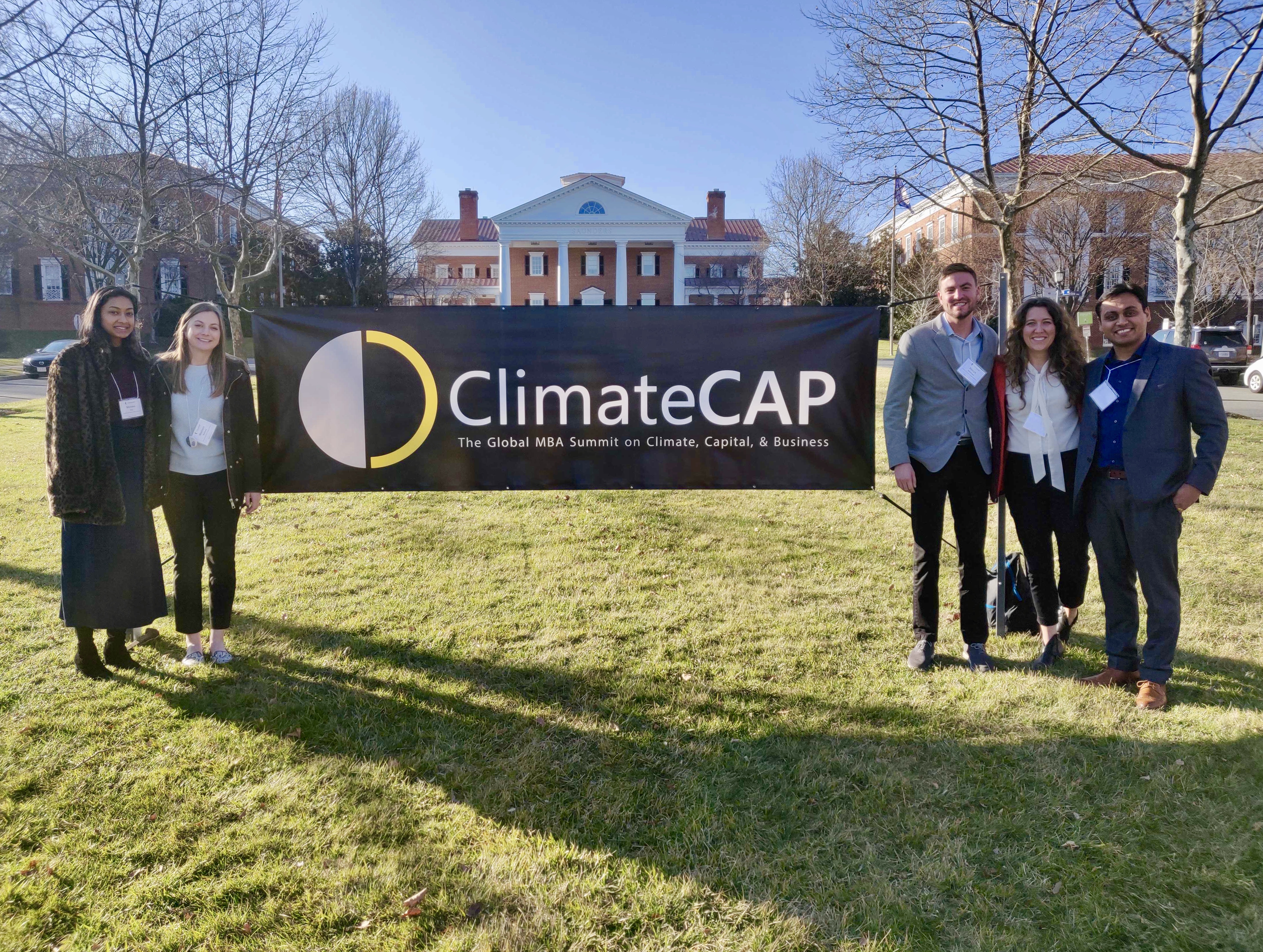 (L-R) Shrinka Roy, Maddy Bodford, Joe Carothers, Amanda Grupp, and Jaspreet Singh attend the ClimateCAP summit for MBA students.