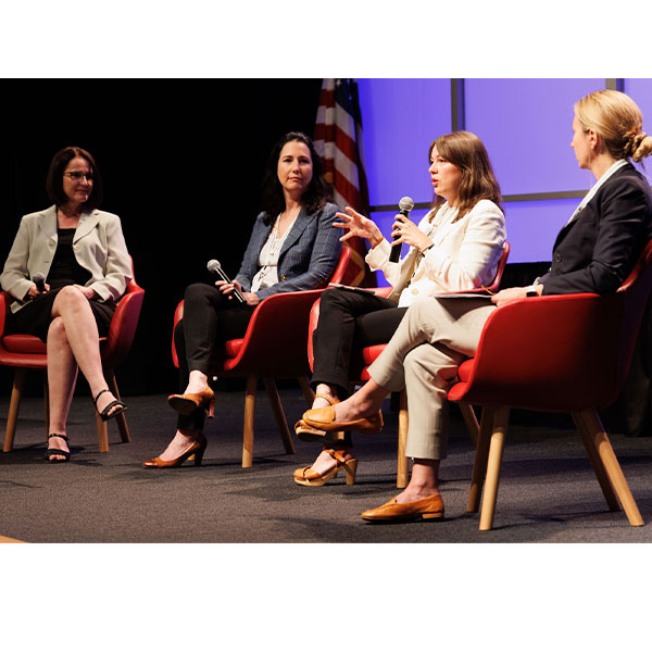 Beril Toktay moderates a panel at the Georgia Climate Conference.