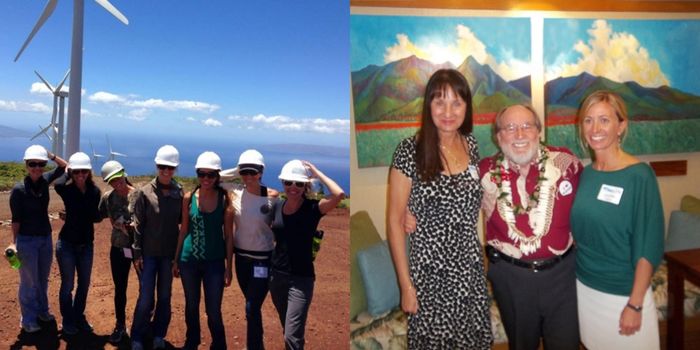(Left) Jennifer Chirico (far right) holds on to her hat at the Kaheawa wind farm in 2014. (Right) Jennifer with then governor of Hawaii, Neil Abercrombie