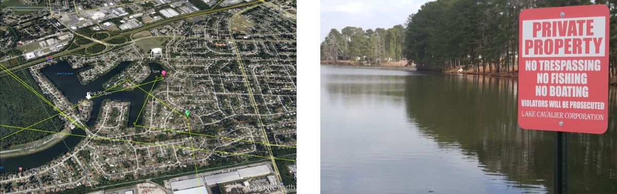 Left: Aerial view of Lake Cavalier. Right: Students proposed solutions to limited access to recreational areas.