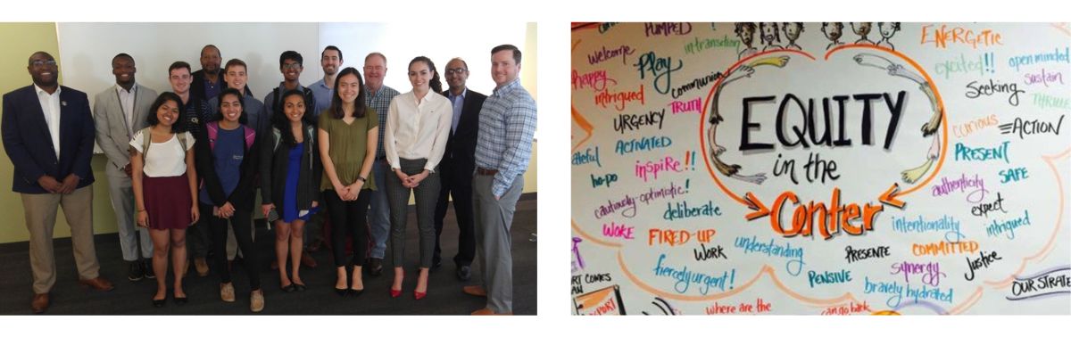 Left: Scheller College undergraduates with Ravi Subramanian and Garry A. Harris. Right: Equity is at the heart of plans for ECO District Hampton Roads.