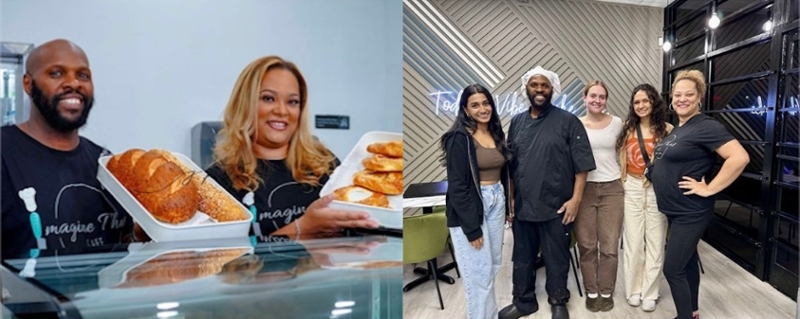 Left: Enorris Miller and Nelly Monclus, co-owners of Imagine That Cafe and Bakery, a project client. Right: A site visit to Imagine That Cafe and Bakery (Sakshi Deshpande, Enorris Miller, Kate Albertus, Sanam Patel, and Nelly Monclus).