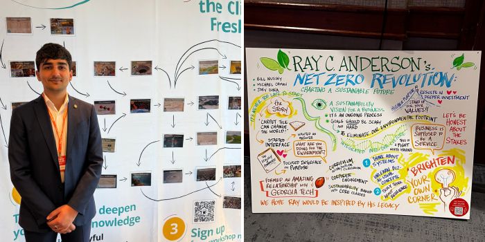 Left: Yassine Ben Zineb, a PhD student in astrophysics at Georgia Tech, led a Climate Fresk workshop. Right: Artwork inspired by a panel about Ray C. Anderson’s legacy.