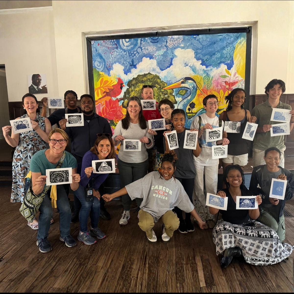 Participants in the Penn Center Alternative Spring Break show off their prints made in a class taught by Kayla Hall