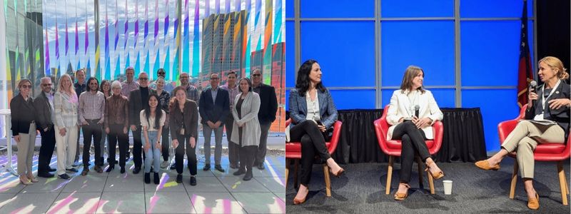 (Left) The Georgia Tech Climate Action Plan Task Force in 2023. (Right) Jennifer Chirico speaks on the role of utilities in climate action at the Georgia Climate Conference in 2023.