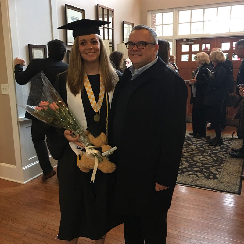 Katie Crawford with her dad after graduating from undergrad with a degree in mechanical engineering from Georgia Tech.