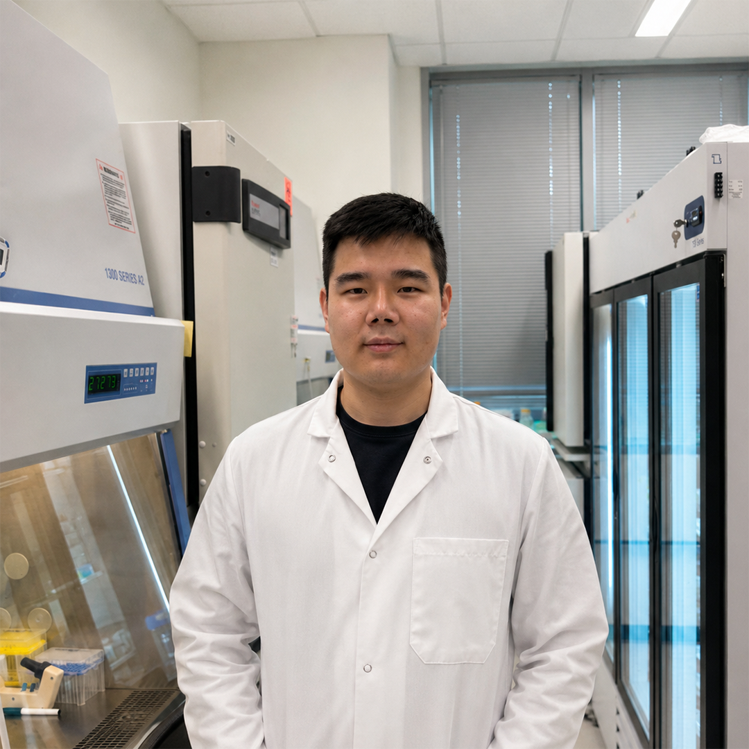 Zhonghao (Eric) Dai’s headshot photo; he wears a white lab coat. 